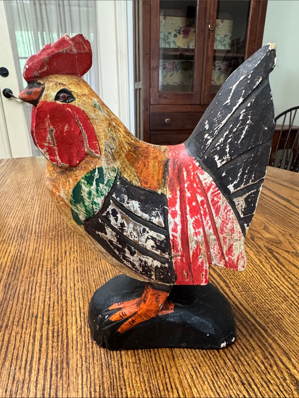 Charming, primitive, distressed, Wood rooster statue